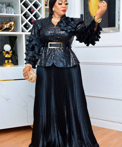 Sequin Ruffle Wedding Guest Outfit Plus Size Mother of The Bride, Peplum Top & Pleated Skirt 2 Piece Matching Set, Curvy Women Fashion
