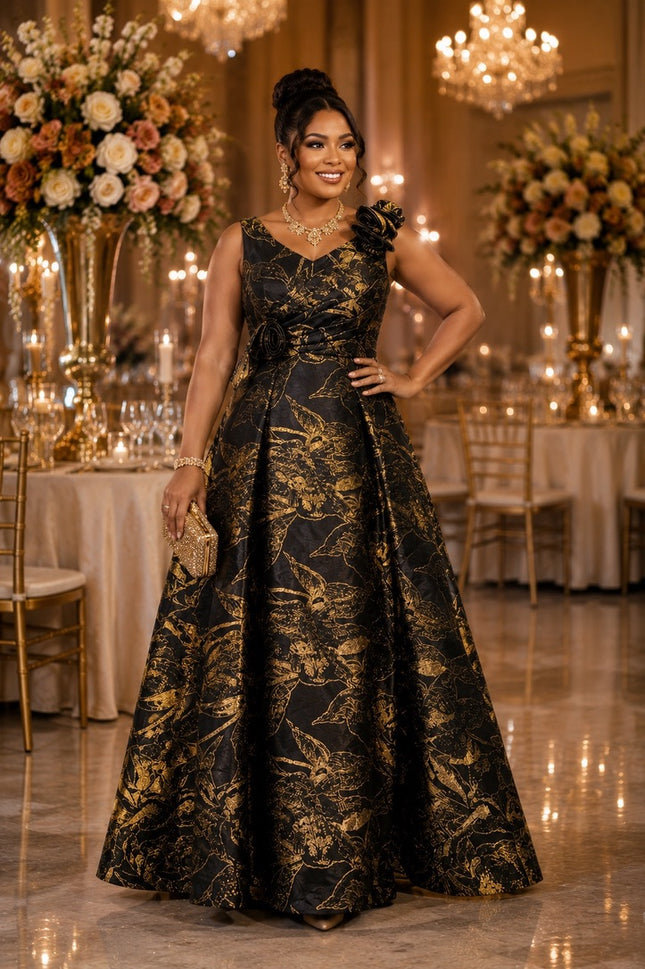 Gold Floral Brocade Shoulder Bow Twirl A-Line Dress for Wedding Guest Mother of The Bride Cocktail Party Outfit