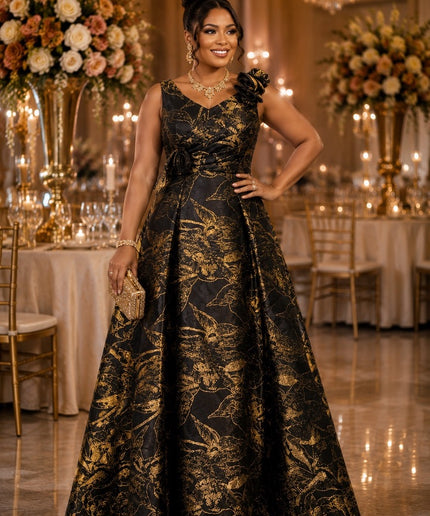 Gold Floral Brocade Shoulder Bow Twirl A-Line Dress for Wedding Guest Mother of The Bride Cocktail Party Outfit