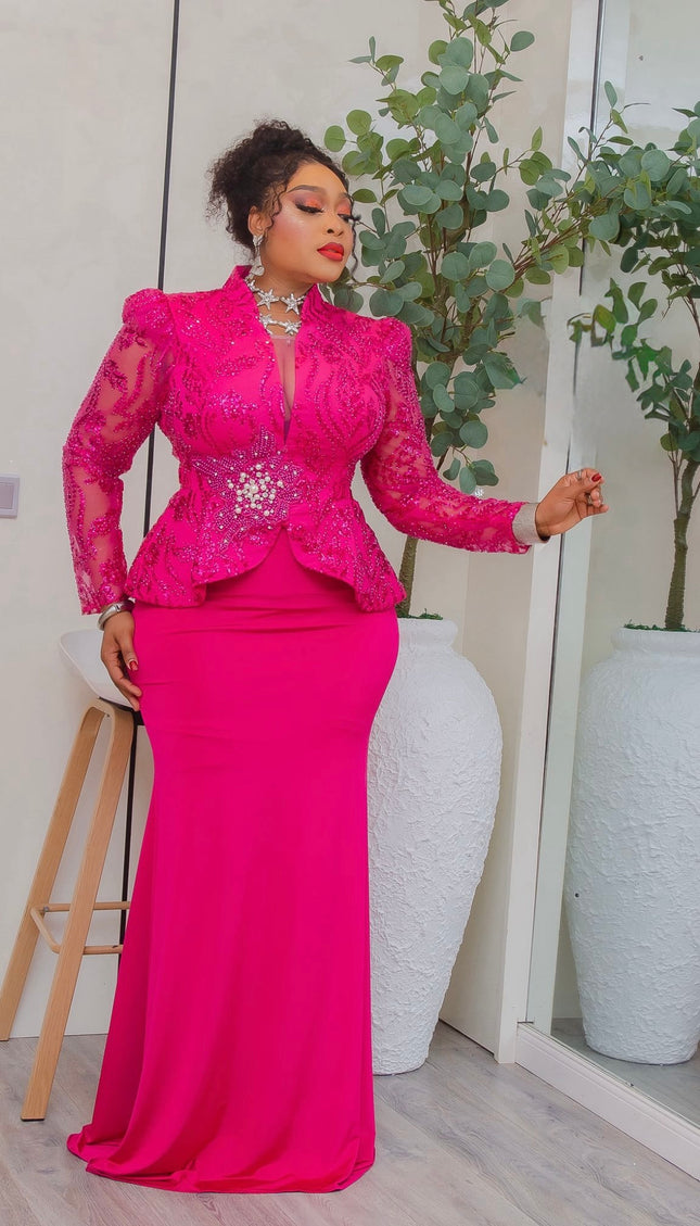 Classy Pink Sequin Peplum 2-Piece Maxi Skirt Set, Formal Evening Gown Floor Length: Summer Wedding Guest Birthday Party Mother of The Bride