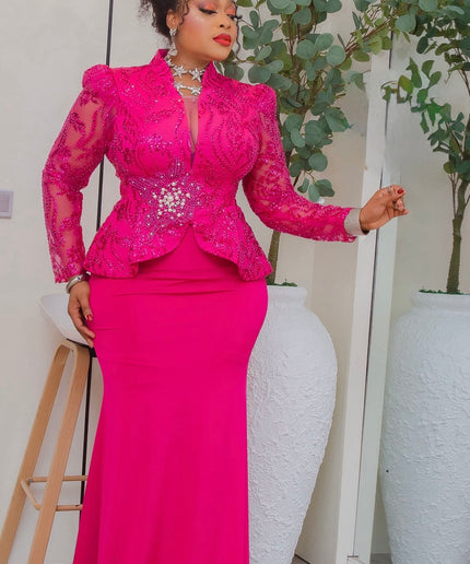 Classy Pink Sequin Peplum 2-Piece Maxi Skirt Set, Formal Evening Gown Floor Length: Summer Wedding Guest Birthday Party Mother of The Bride