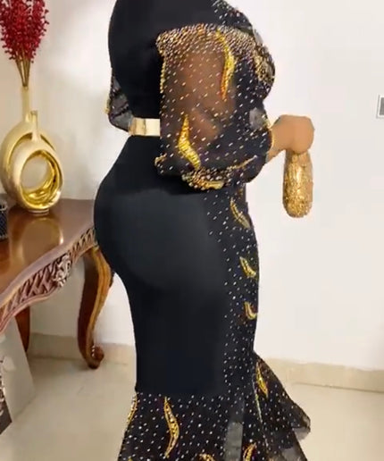 Black & Gold Embellished Tiered Ruffle Maxi Dress Party Cocktail Wedding Guest Mother of The Bride Formal Evening Gown