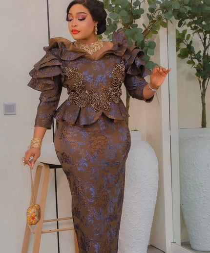 Purple Brocade Beaded Ruffle Sleeve Peplum Dress - Mother of The Bride Celebrant Birthday Party Formal Evening Outfit