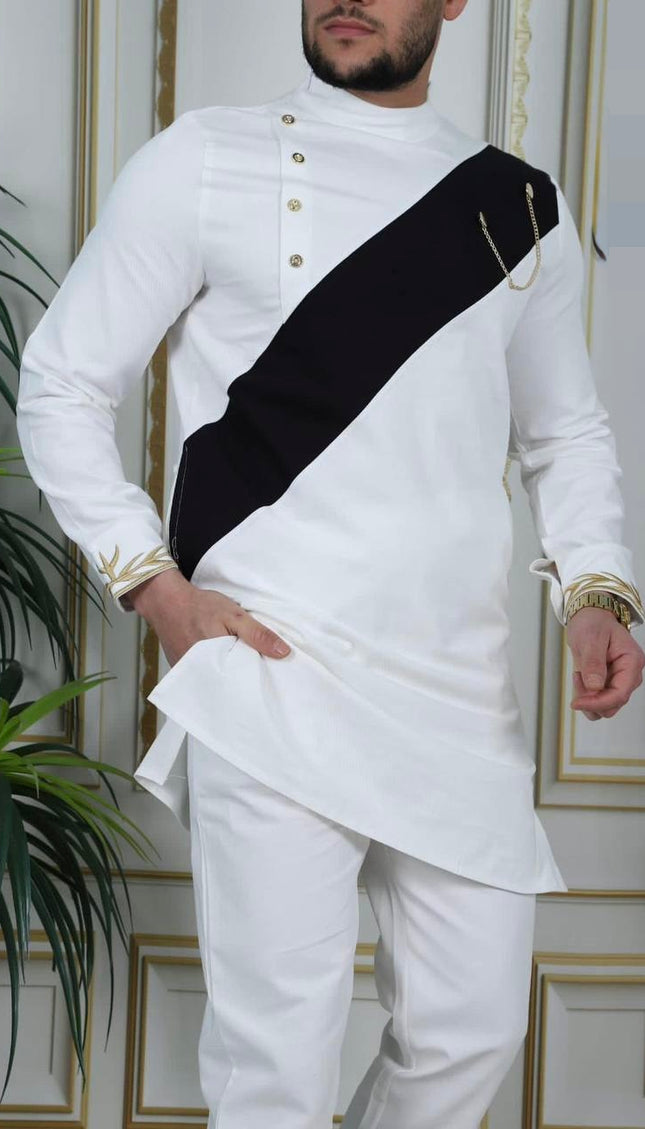 Men's White Embroidered 2-Piece Outfit, Cotton Long Sleeve Shirt & Pants: Wedding Graduation Birthday Party Attire