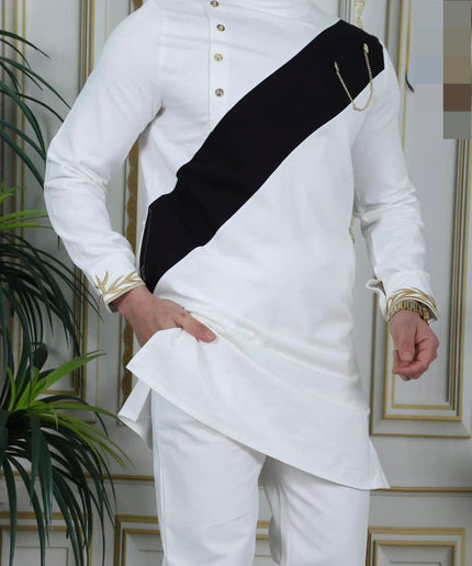 Men's White Embroidered 2-Piece Outfit, Cotton Long Sleeve Shirt & Pants: Wedding Graduation Birthday Party Attire