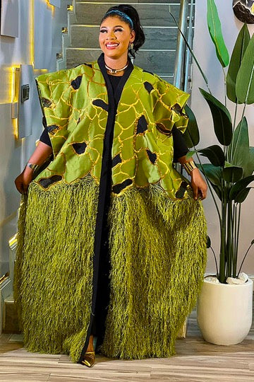 Green Feathered Brocade Kaftan 2-Piece