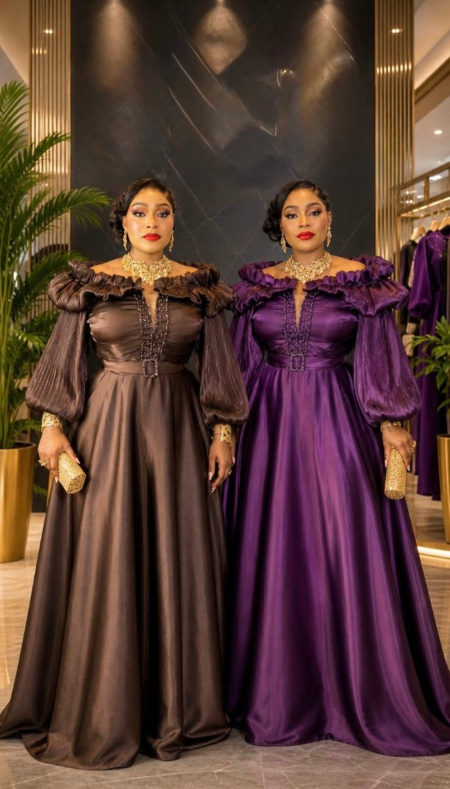 Brown Off-The-Shoulder Twirl A-Line Dress, Formal Evening Gown for Mother of The Bride Wedding Guest Birthday Party Outfit
