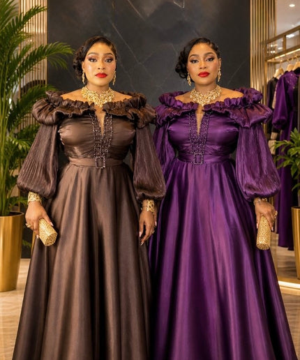 Brown Off-The-Shoulder Twirl A-Line Dress, Formal Evening Gown for Mother of The Bride Wedding Guest Birthday Party Outfit