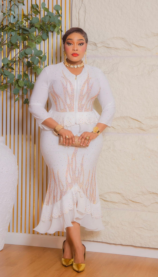White Rhinestone Ruffle Peplum 2-Piece Skirt Set Birthday Cocktail Party Graduation Church Wedding Guest Outfit