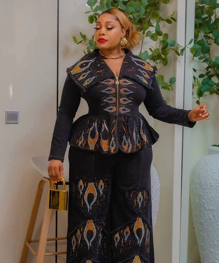 Denim on Denim 2-Piece Outfit Set Rhinestones Stretch Curvy Jeans