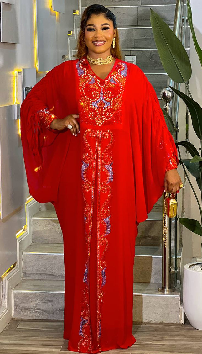 Rhinestone Embellished Red Kaftan Dress, African Bubu Abaya Gown, Wedding Birthday Party Engagement Ceremony