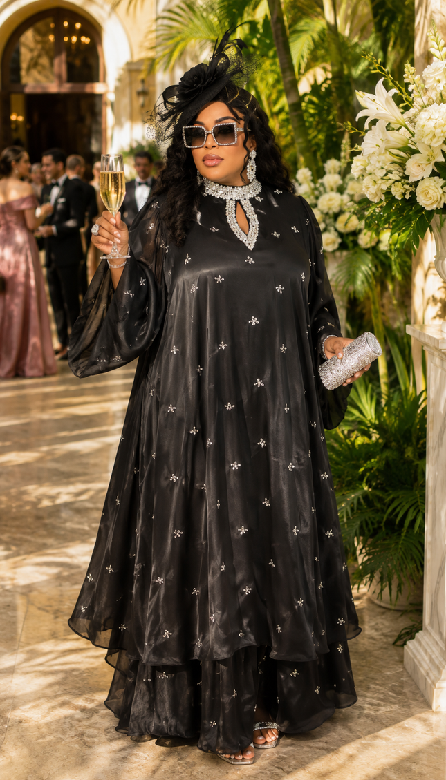Classy Rhinestone Embellished Ruffle Twirl Flowy Kaftan Maxi Dress for Wedding Guest Naming Ceremony Engagement All White Party Outfit Plus Size