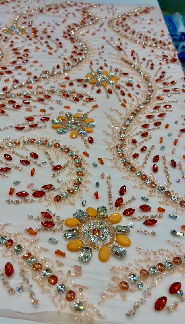 Swarovski Crystal Hand-Beaded Fabric Dressmaking Tulle |Wedding Evening Gown Birthday Pageant Prom Dress