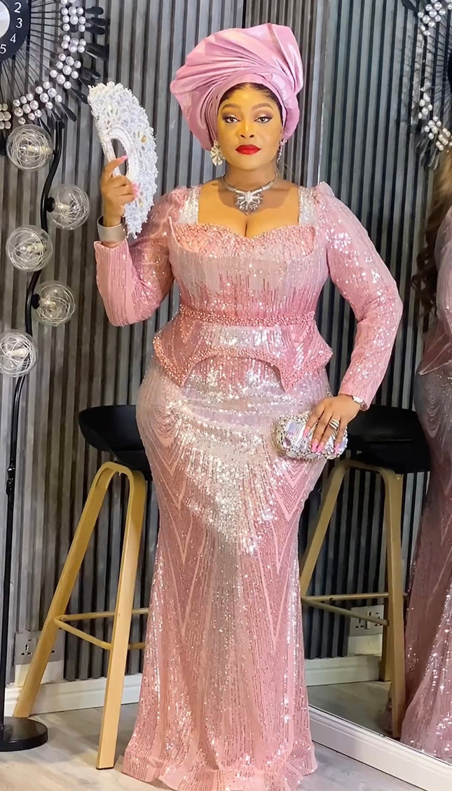 Pink Sequin Embellished Peplum Mermaid Gown