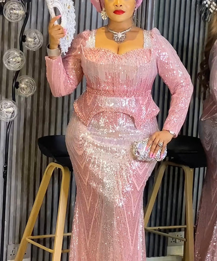 Pink Sequin Embellished Peplum Mermaid Gown