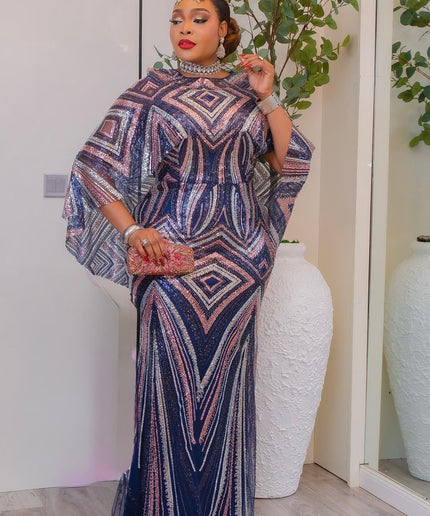 Gold Sequin Embellished Cape Sleeve Maxi Dress for Mother of The Bride Wedding Guest