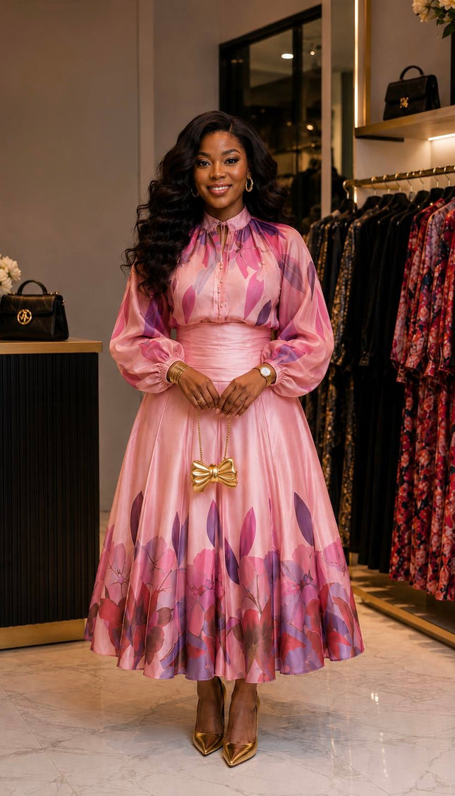 Pink Floral Twirl Skater Pleated Midi 2-Piece Skirt Set, Wedding Guest Outfit Church Anniversary Birthday Cocktail Tea Party