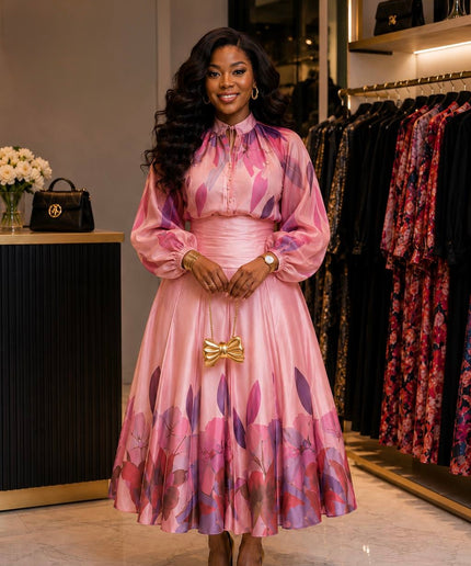 Pink Floral Twirl Skater Pleated Midi 2-Piece Skirt Set, Wedding Guest Outfit Church Anniversary Birthday Cocktail Tea Party
