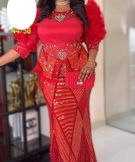 Dramatic Ruffle Sleeve White Sequin Maxi Dress | Mother of The Bride Wedding Party Birthday Gala