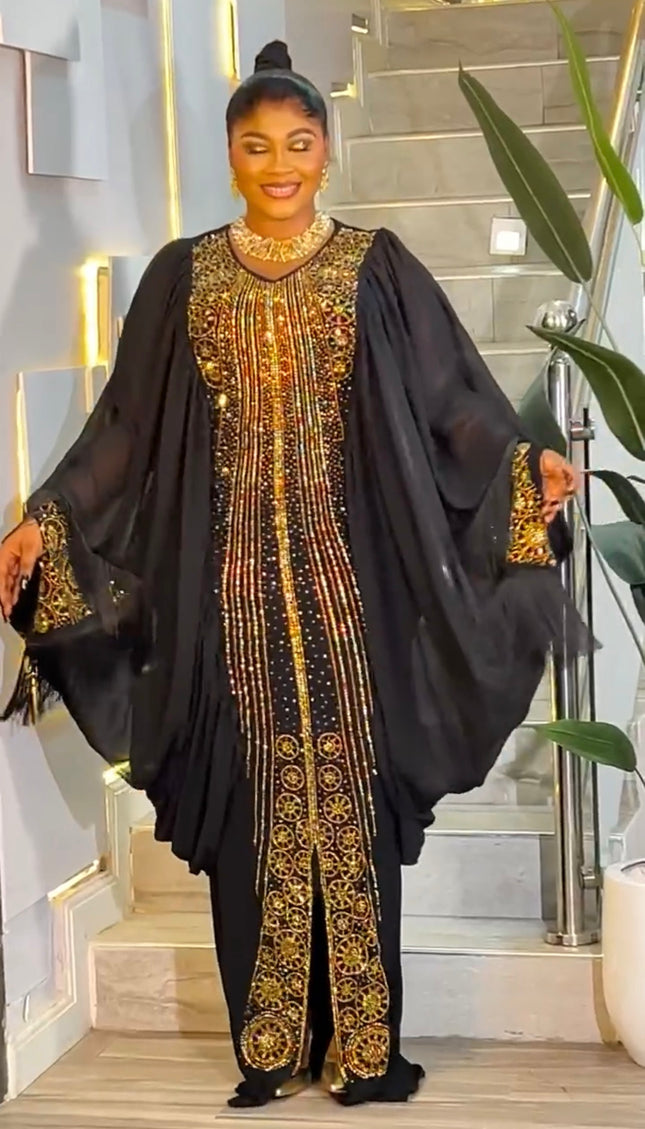 Kaftan Tasseled Dress with Rhinestones, African Bubu Wedding Guest Attire Abaya Mother of The Bride Outfit