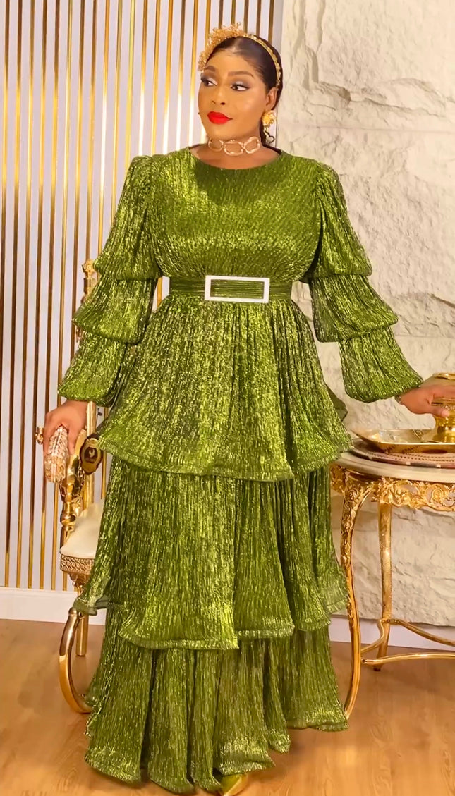 Waterfall Ruffle Bishop Sleeves Maxi Dress,  Mother of The Bride A-Line Gown, Plus Size Evening Wear Gala Cocktail Party