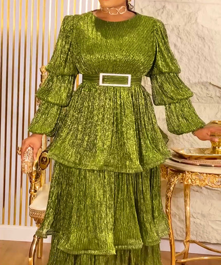 Waterfall Ruffle Bishop Sleeves Maxi Dress,  Mother of The Bride A-Line Gold Gown, Plus Size Evening Wear Gala Cocktail Party