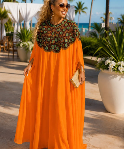 "She's That Girl" Orange Hand-Embellished Cape Kaftan Maxi Dress for Wedding Guest Mother of The Bride Cocktail Reception Formal Evening Gown