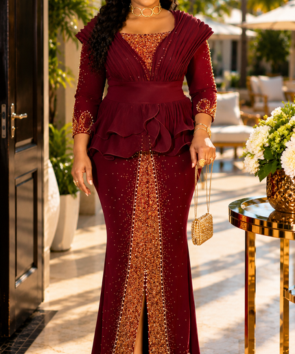 Classy Black Rhinestone Structured Shoulder Ruffle Peplum Stretch Maxi Dress - Mother of The Bride Birthday Party Cocktail Reception Summer Wedding Guest Outfit Plus Size Turkish Formal Evening Gown