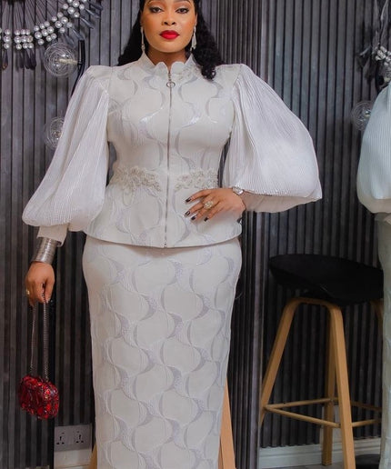 Classy Bishop Sleeve Brocade Appliquè Top & Skirt, 2-Piece Set: Wedding Guest Mother of The Bride Graduation