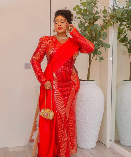 Sexy Orange Sequin Long Sleeve Draped Maxi Dress: Wedding Birthday Anniversary Gala