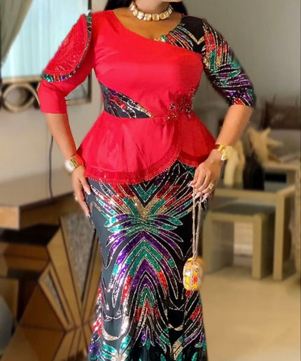 Gold Sequin Peplum Mermaid Dress, Formal Evening Gown: Mother of The Bride Birthday Party Gala Wedding Guest