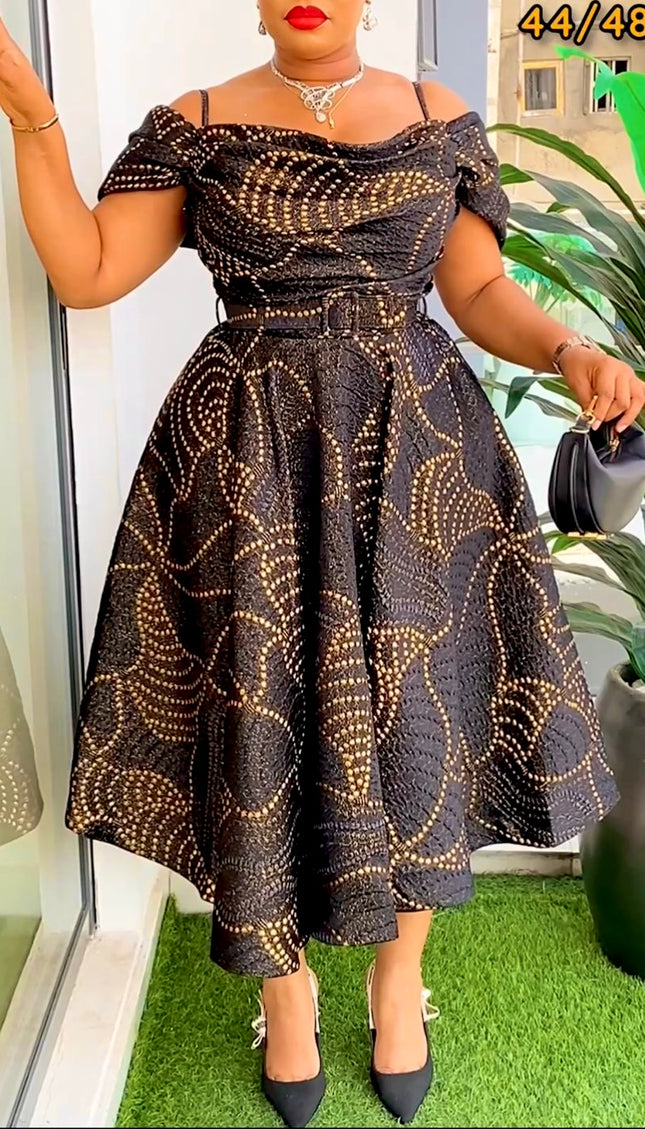 Spaghetti Strap Pleated Circle Midi Dress | Jacquard Brocade