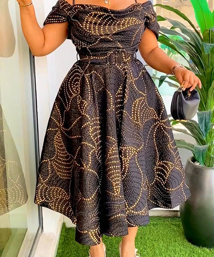 Spaghetti Strap Pleated Circle Midi Dress | Jacquard Brocade