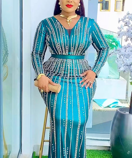 Metallic Embellished Floor Length Evening Gown | Celebrant Wedding Guest Birthday Party Mother of The Bride Gala Pageant