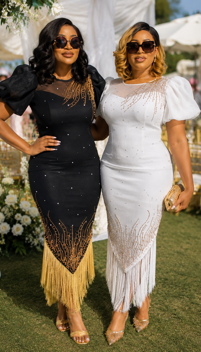 White Embellished Twirl Tassel Puff Sleeve Midi Dress Summer Wedding Guest Mother of The Bride Cocktail Birthday Party