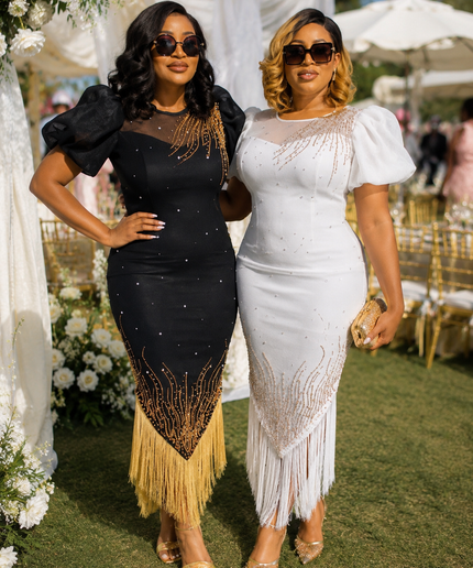 White Embellished Twirl Tassel Puff Sleeve Midi Dress Summer Wedding Guest Mother of The Bride Cocktail Birthday Party