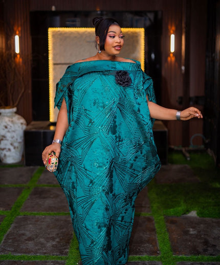 Green Off-The-Shoulder Brocade Kaftan Dress with Detachable 3D Flower