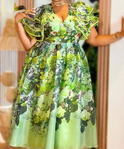 Pink Floral Flutter Sleeve A-Line Wrap Dress for Wedding Guest Birthday Dinner Reception Graduation Party