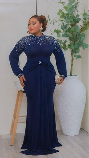 Classy Gold Rhinestone Embellished Ruched Maxi Dress, Formal Draped Evening Gown Anniversary Dinner Gala Cocktail Party Wedding Guest