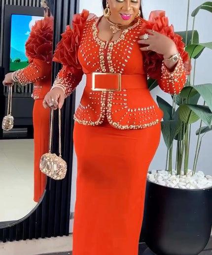 Orange Embellished Ruffle Sleeve Top & Skirt 2-Piece Set for Wedding Guest Birthday Party Celebrant Photoshoot