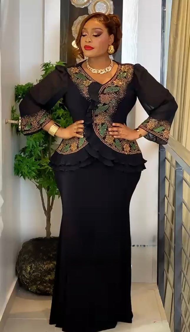 Black Rhinestone-Embellished Ruffle Peplum Maxi Dress: Wedding Guest Outfit