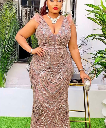 Fancy Feather Cap Sleeve Beaded Embellished Maxi Gown | Wedding Prom Birthday Party