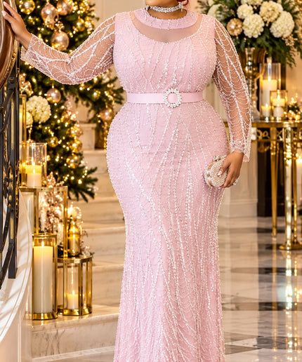 "Leave Them Speechless" Black Fully Beaded Embellished Mermaid Evening Gown with Long Sleeves Formal Wedding Guest Mother of The Bride Holiday Gala Maxi Party Dress Plus Size