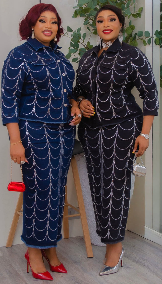 Denim & Diamonds 2-Piece Set, Birthday Party Outfit, Curvy Stretch Rhinestone Top & Skirt