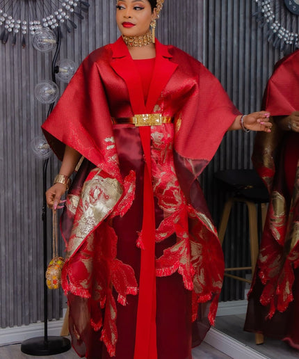 Elegant Gold Brocade Kaftan Dress 2-Piece Set, White Party Outfit Nigerian Engagement Traditional Ceremony Attire Mother of The Bride Photoshoot Wedding Guest
