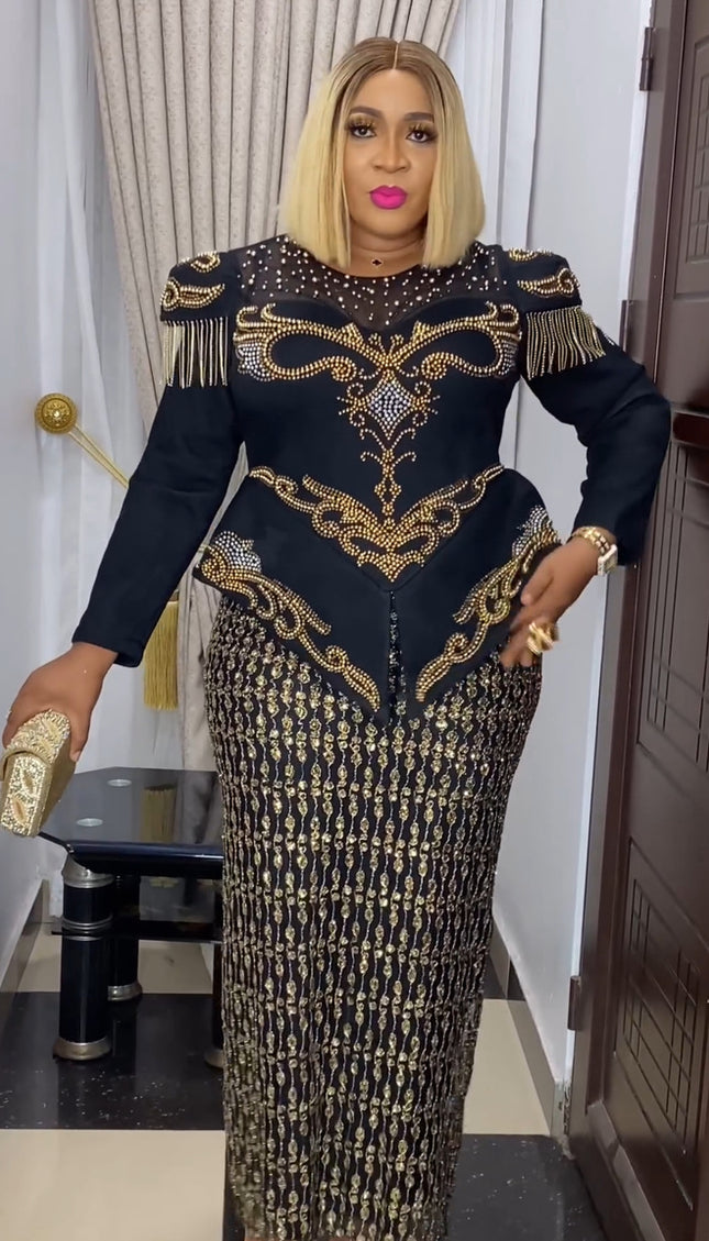 Black Embellished Peplum Long Sleeve Maxi Dress - Plus Size