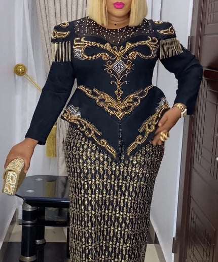Black Embellished Peplum Long Sleeve Maxi Dress - Plus Size