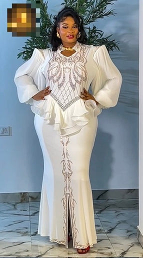 White Rhinestone Embellished Ruffle Peplum Maxi Dress Party Cocktail Birthday Wedding Guest Mother of The Bride