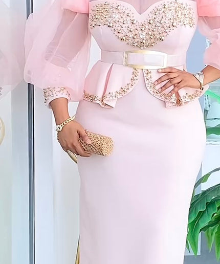 Ruffle Sleeve Embellished Peplum White Maxi Dress
