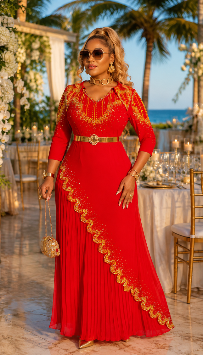 Fabulous Salmon Rhinestone Pleated Maxi Dress for Wedding Cocktail Birthday Party Church Gala